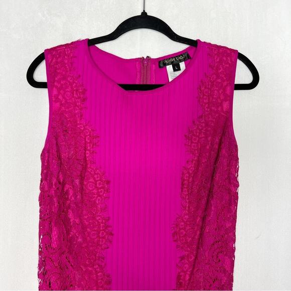 TADASHI SHOJI / bright pink lace block paneled pintuck cocktail dress / L - Picture 3 of 8